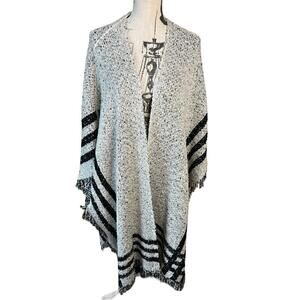 Easel Striped Cape Wrap Sweater Ruana Poncho Size M/L Cream Black Fringe